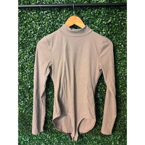 Girlfriend Collective Tan Mockneck Bodysuit Ribbed Stretchy Sz Large - Picture 1 of 3